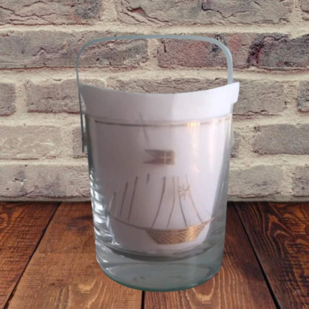 Vintage nautical theme ice bucket handle gold etched ship flaws Heavy bottom